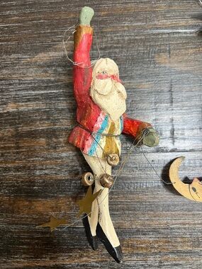 House of Hatten Hand-Painted Santa Folk Art Ornament with Jingle Bells 1989